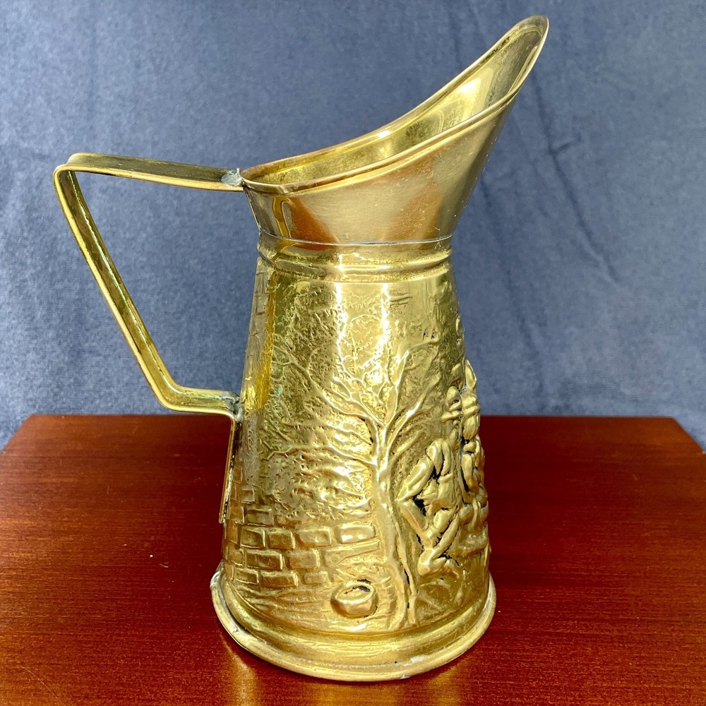Vintage Embossed Brass Pitcher, Made in England, Features Traditional Pub Scene